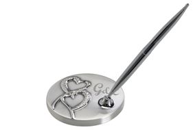 Silver Hearts Wedding Guestbook Pen with Stand 