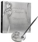 Silver Hearts Personalized Wedding Guestbook and Pen Set
