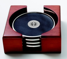 Five Piece Round Coaster Set with Silver Plate