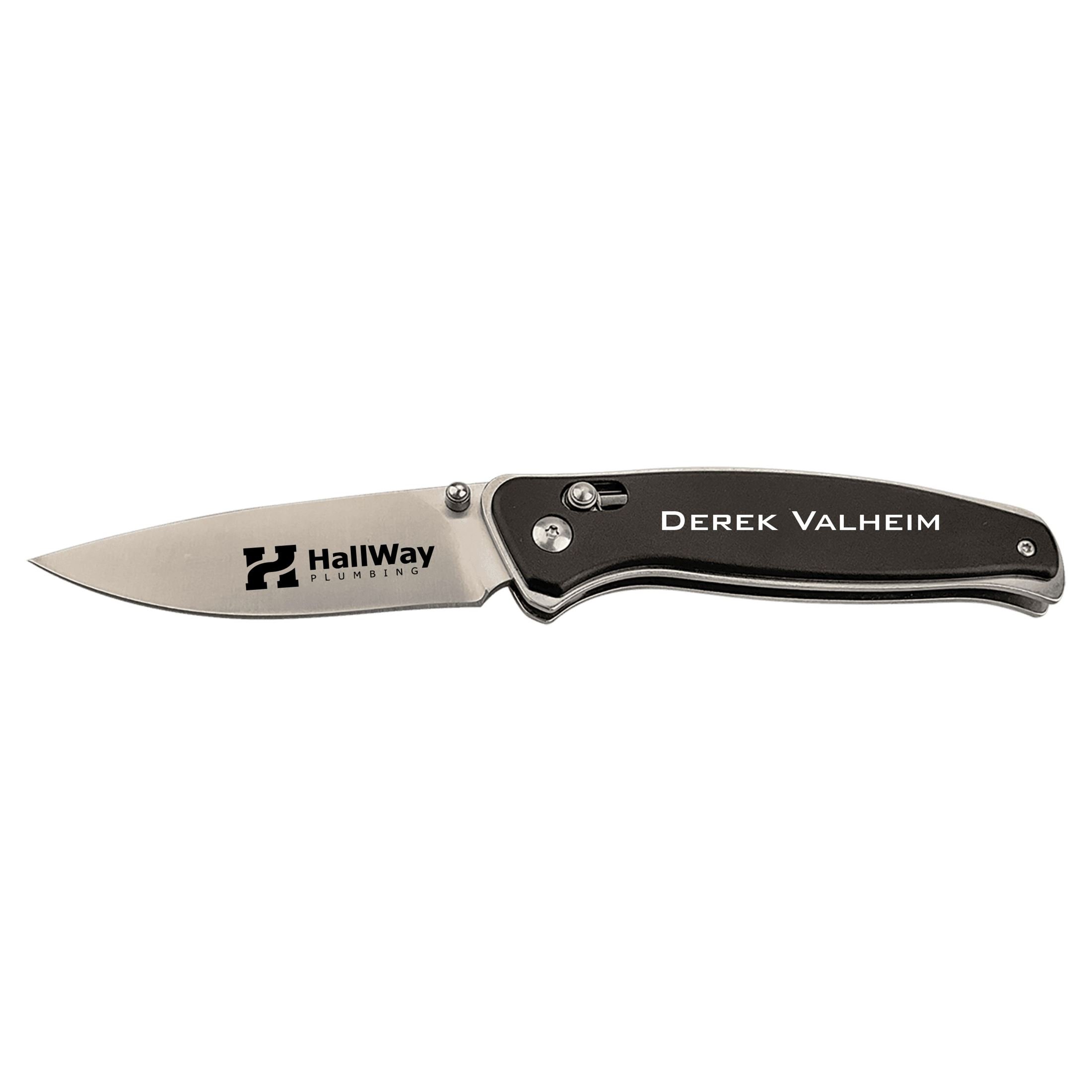 Bison River Customized Black Aluminum Button Lock Knife, 3.5" Blade