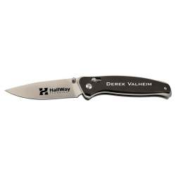 Bison River Customized Black Aluminum Button Lock Knife, 3.5" Blade