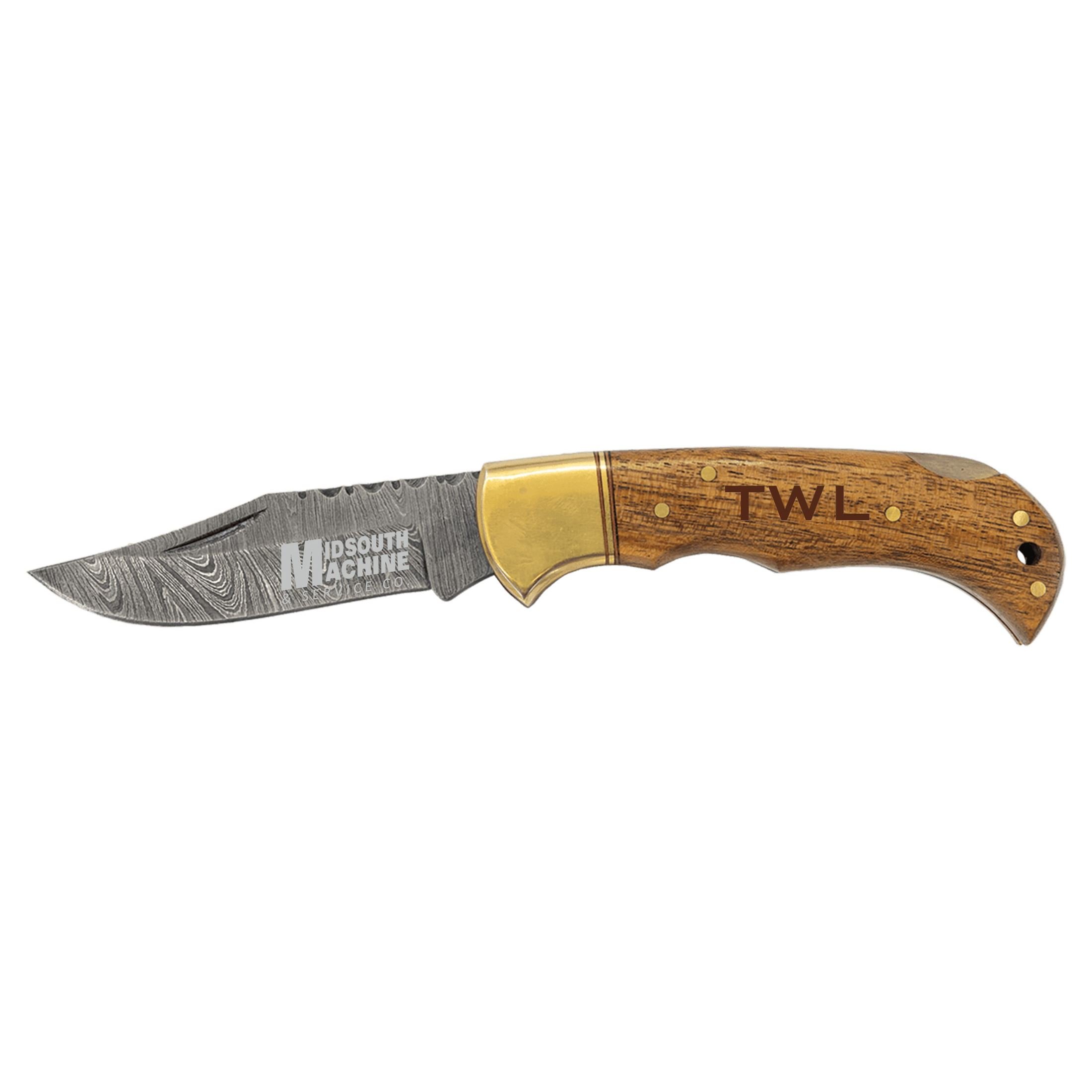 Bison River Custom Engraved Wood Handle Damascus Steel Knife, 3" Blade