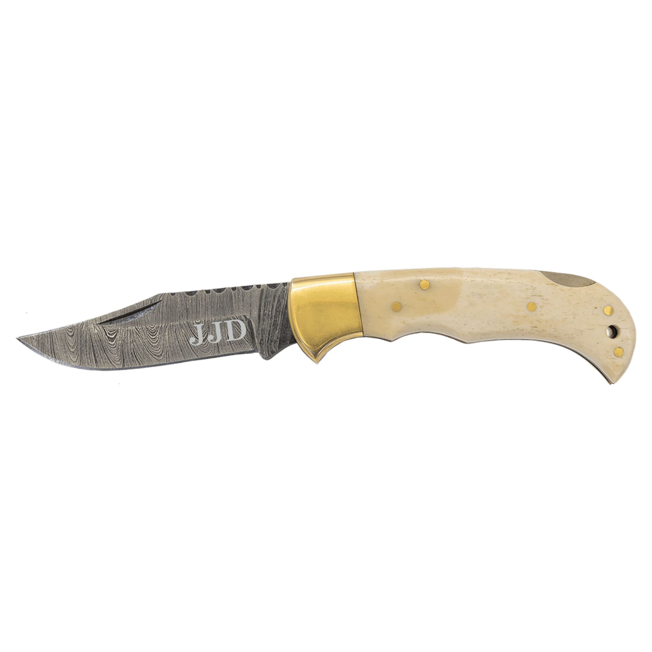 Bison River Custom Engraved Bone Handle Damascus Steel Knife, 3" Blade