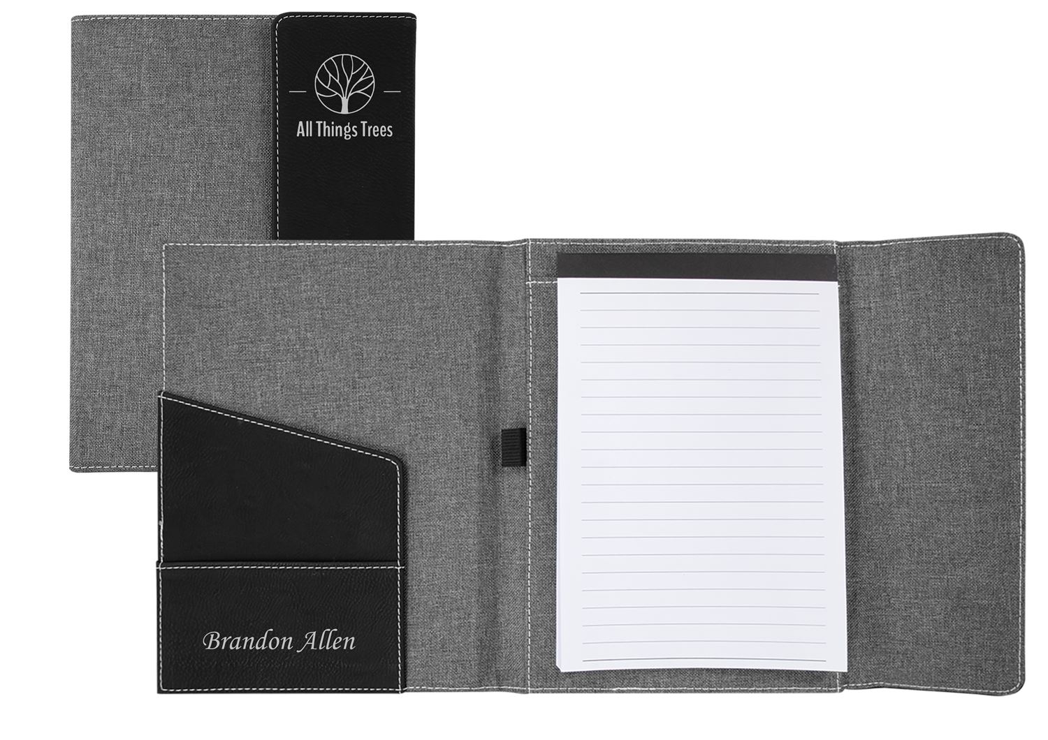 7x9" Mini Laser Engraved Gray Canvas and Leather Portfolio with Notepad