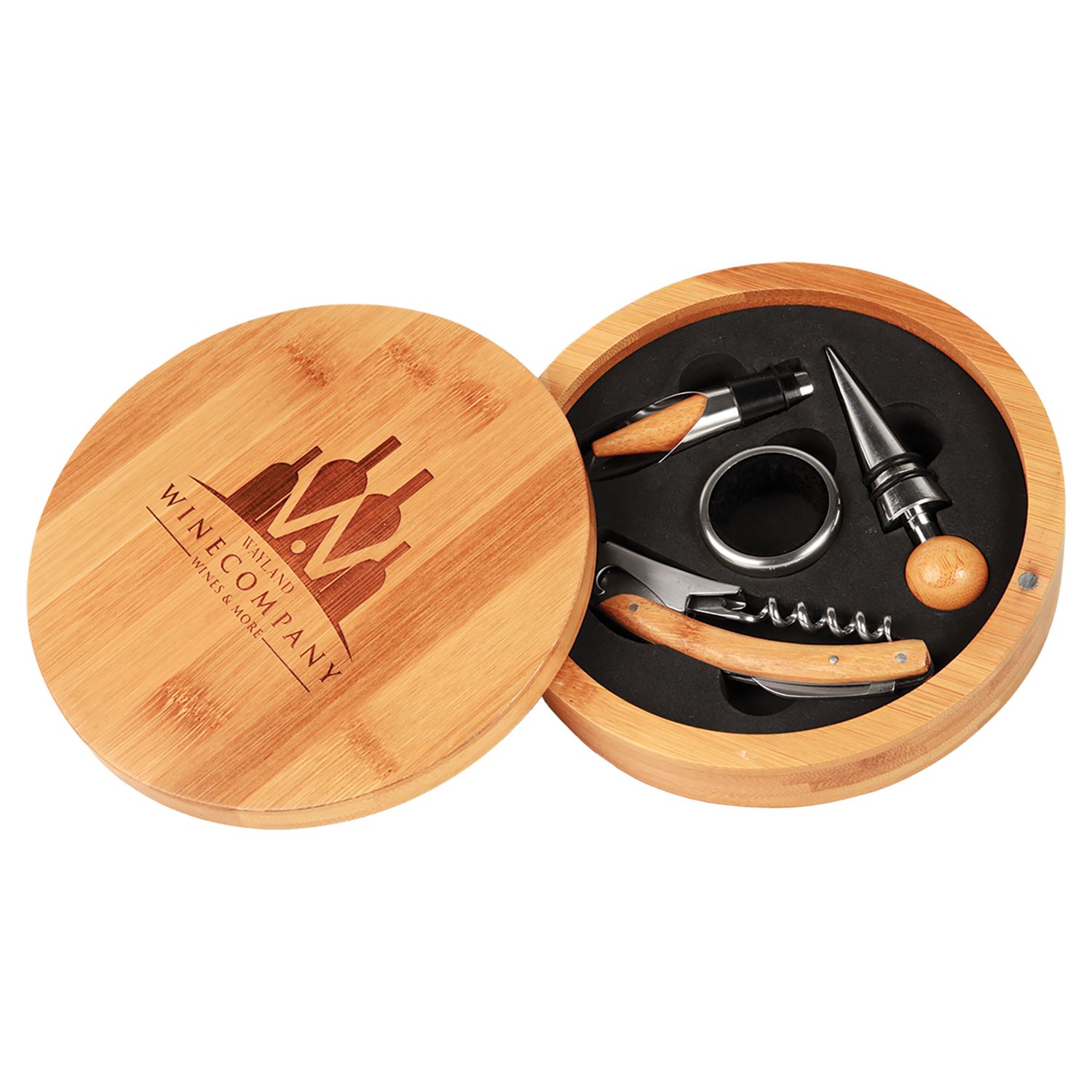 Bamboo Wine Tool Set with 4 Tools in Circle Box