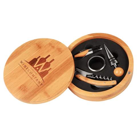 Bamboo Wine Tool Set with 4 Tools in Circle Box