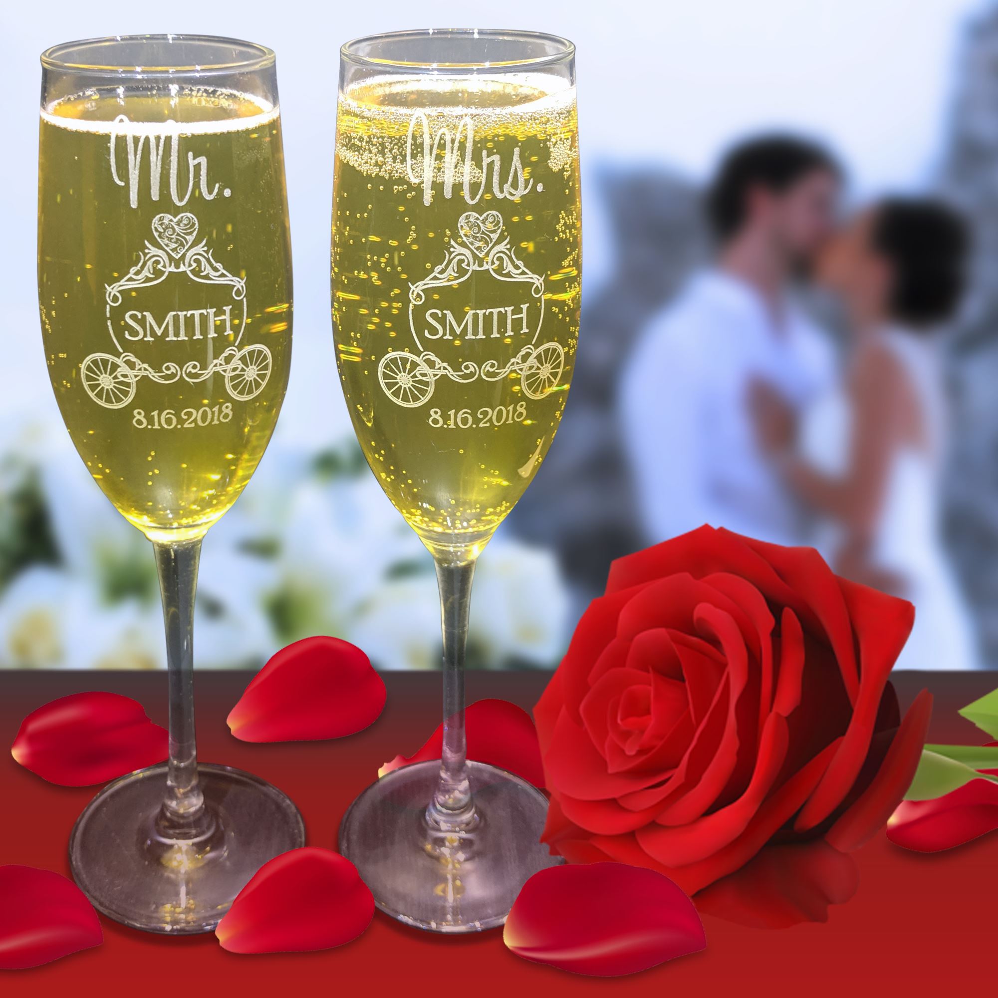 Carriage Mr & Mrs Wedding Champagne Flutes, Set of 2, Personalized, In Gift Box