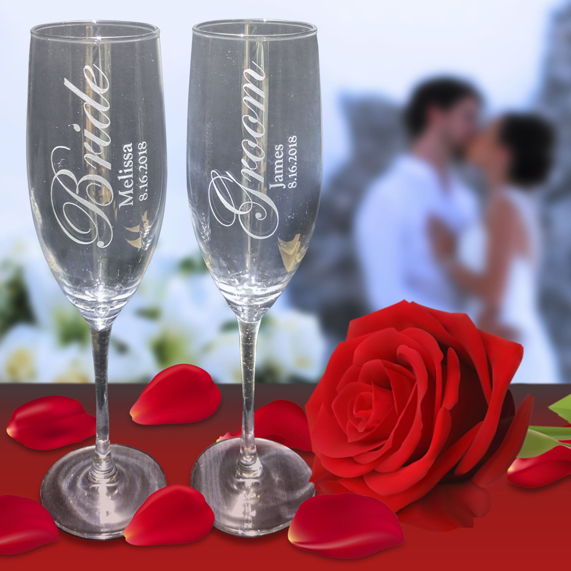 Bride & Groom Toasting Glasses, Set of 2, in Gift Box, Laser Engraved