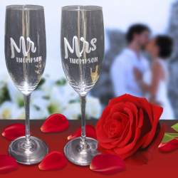 Mr & Mrs Couples Champagne Flutes, Set of 2, Personalized, In Gift Box