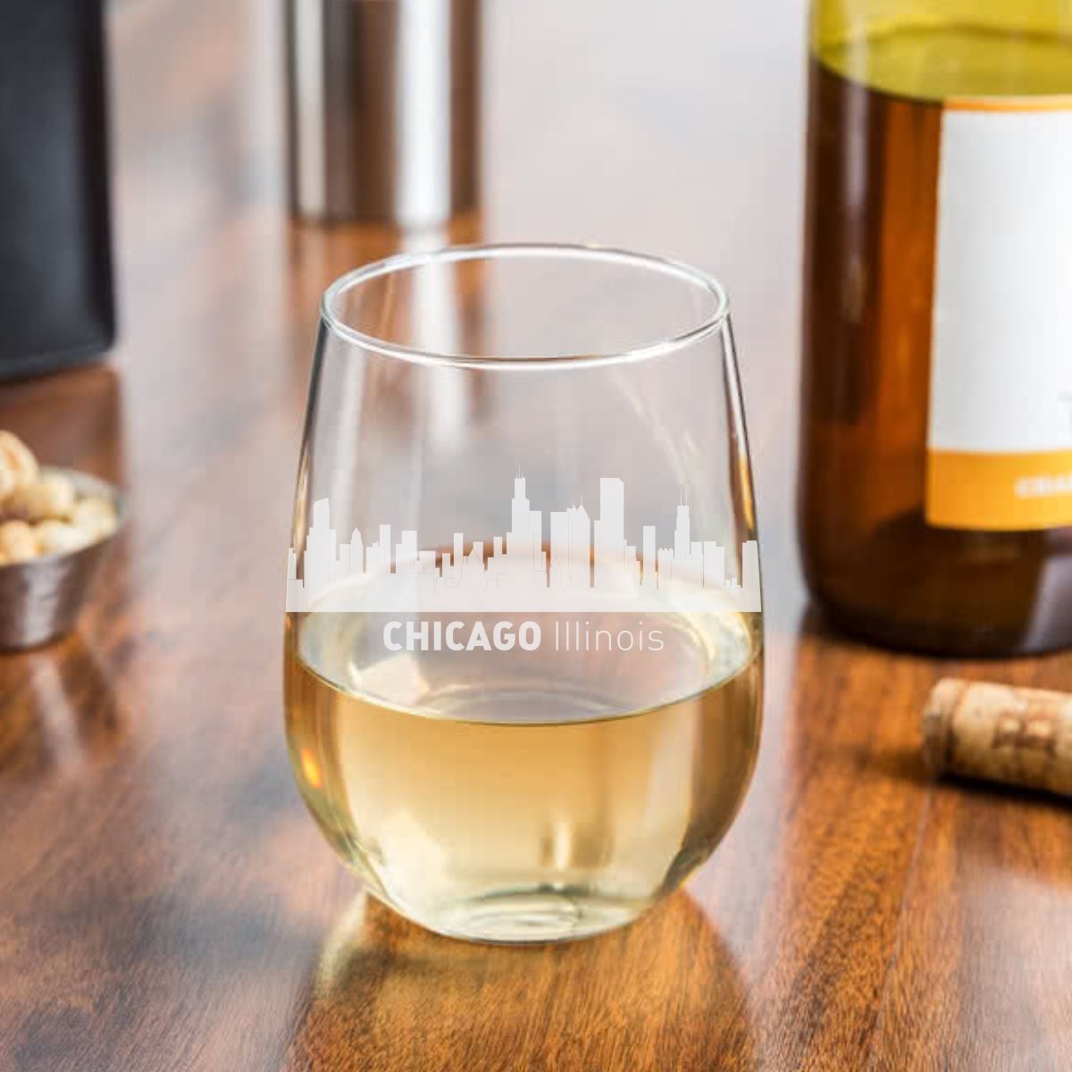 Chicago, Illinois City Skyline Stemless Wine Glass
