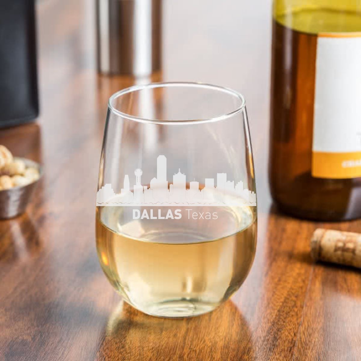 Dallas, Texas City Skyline Stemless Wine Glass