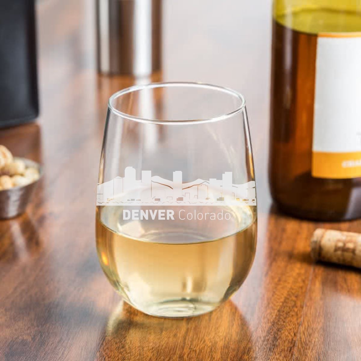 Denver, Colorado City Skyline Stemless Wine Glass