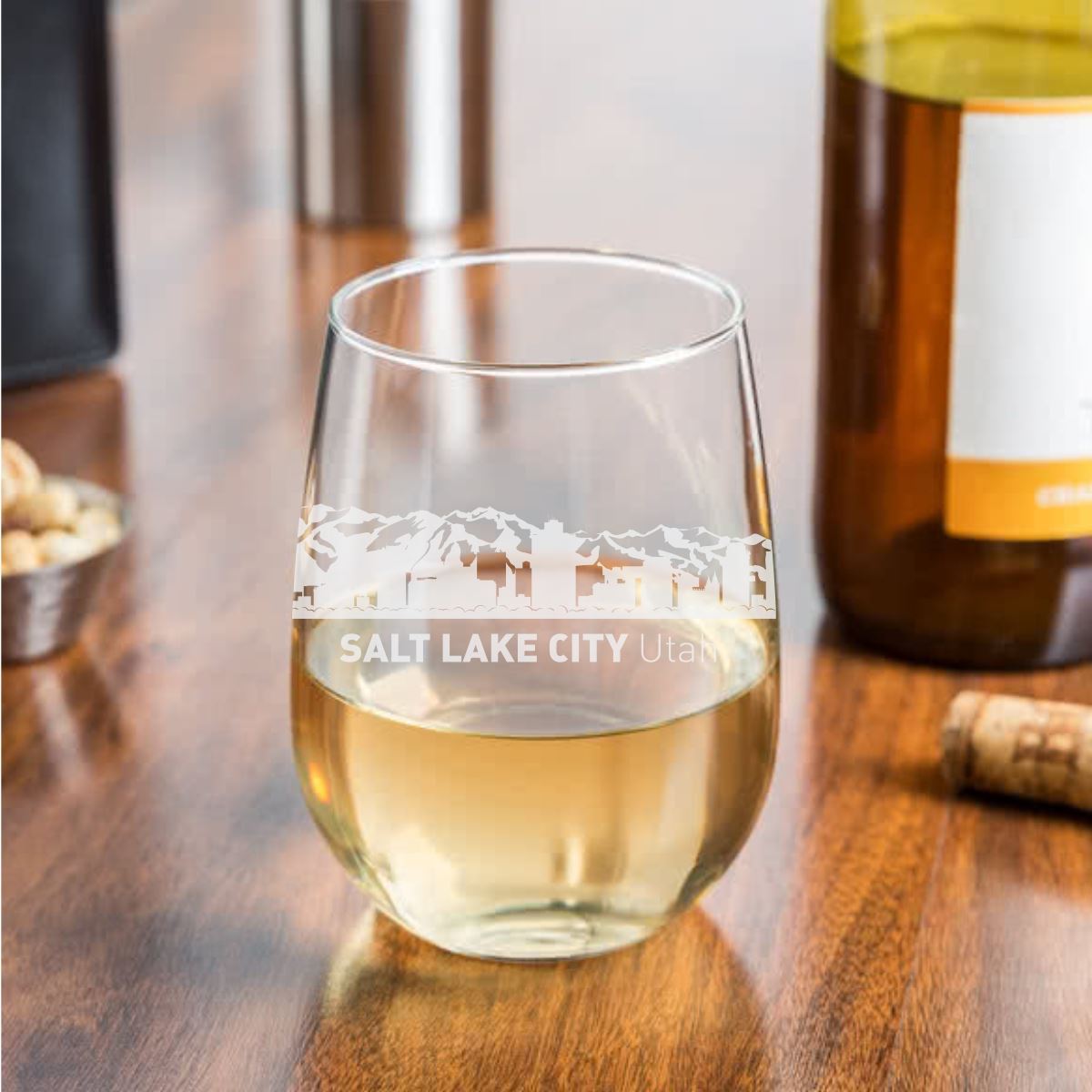 Salt Lake City, Utah City Skyline Stemless Wine Glass