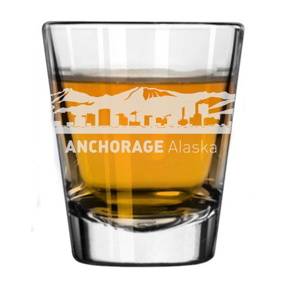 Anchorage, Alaska City Skyline Engraved Shot Glass