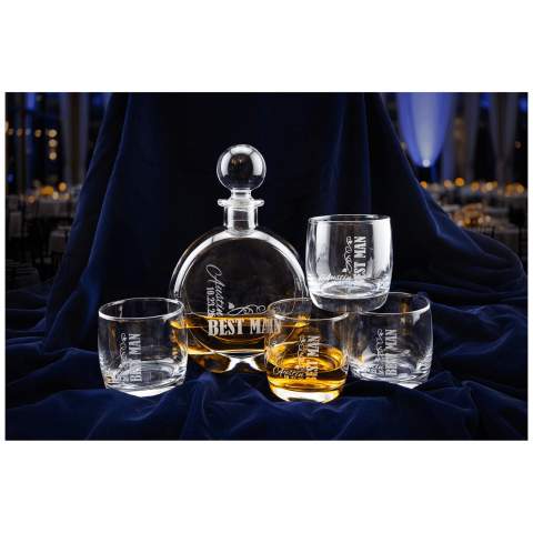 Custom 750ml Flat Round Glass Decanter Set with Four 10 oz. Rocks Glasses in Black Gift Box