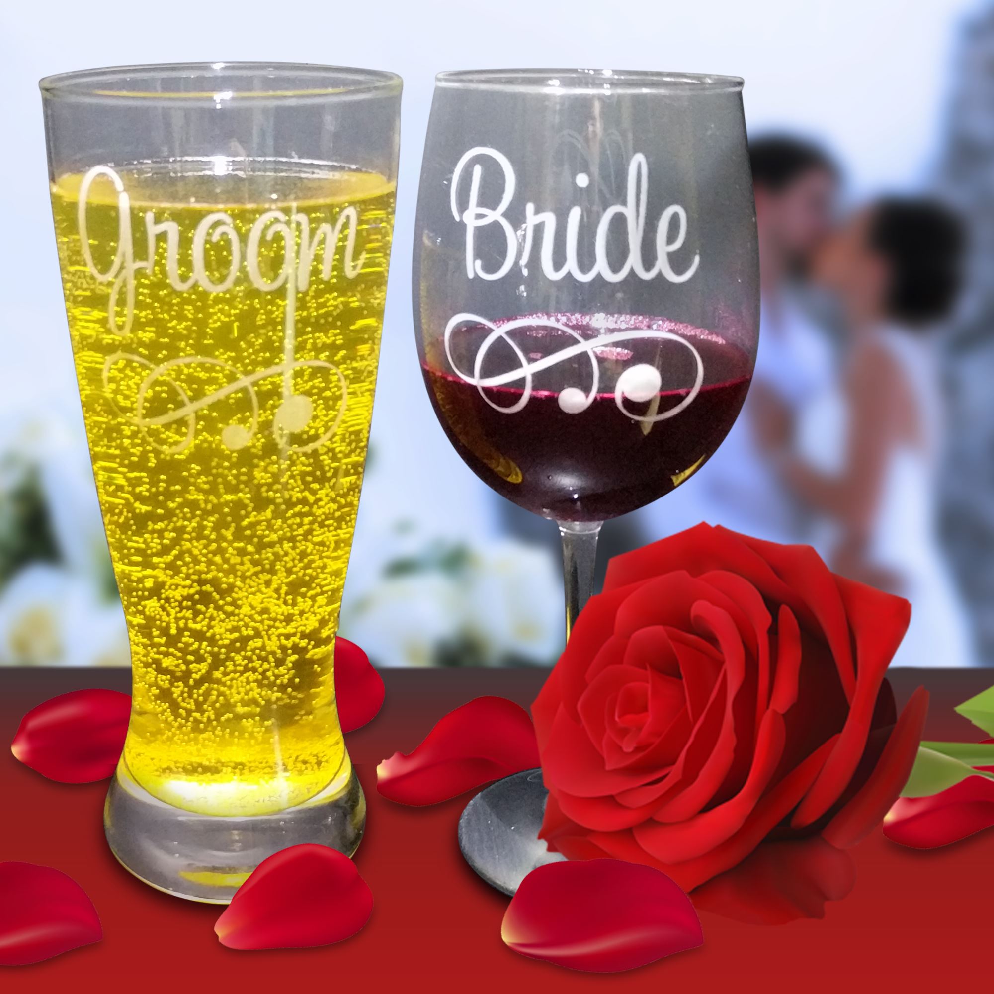Groom and Bride Glasses - Wine & Beer Set, Personalized, Set of 2, in Gift Box