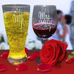 Mr and Mrs Beer and Wine Glass Set, Personalized, Set of 2, in Gift Box