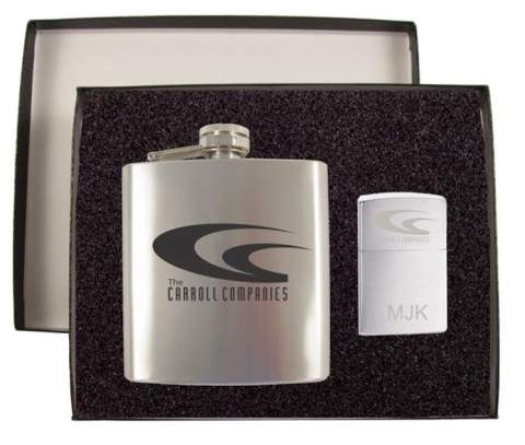 Chrome Zippo & Flask Gift Set