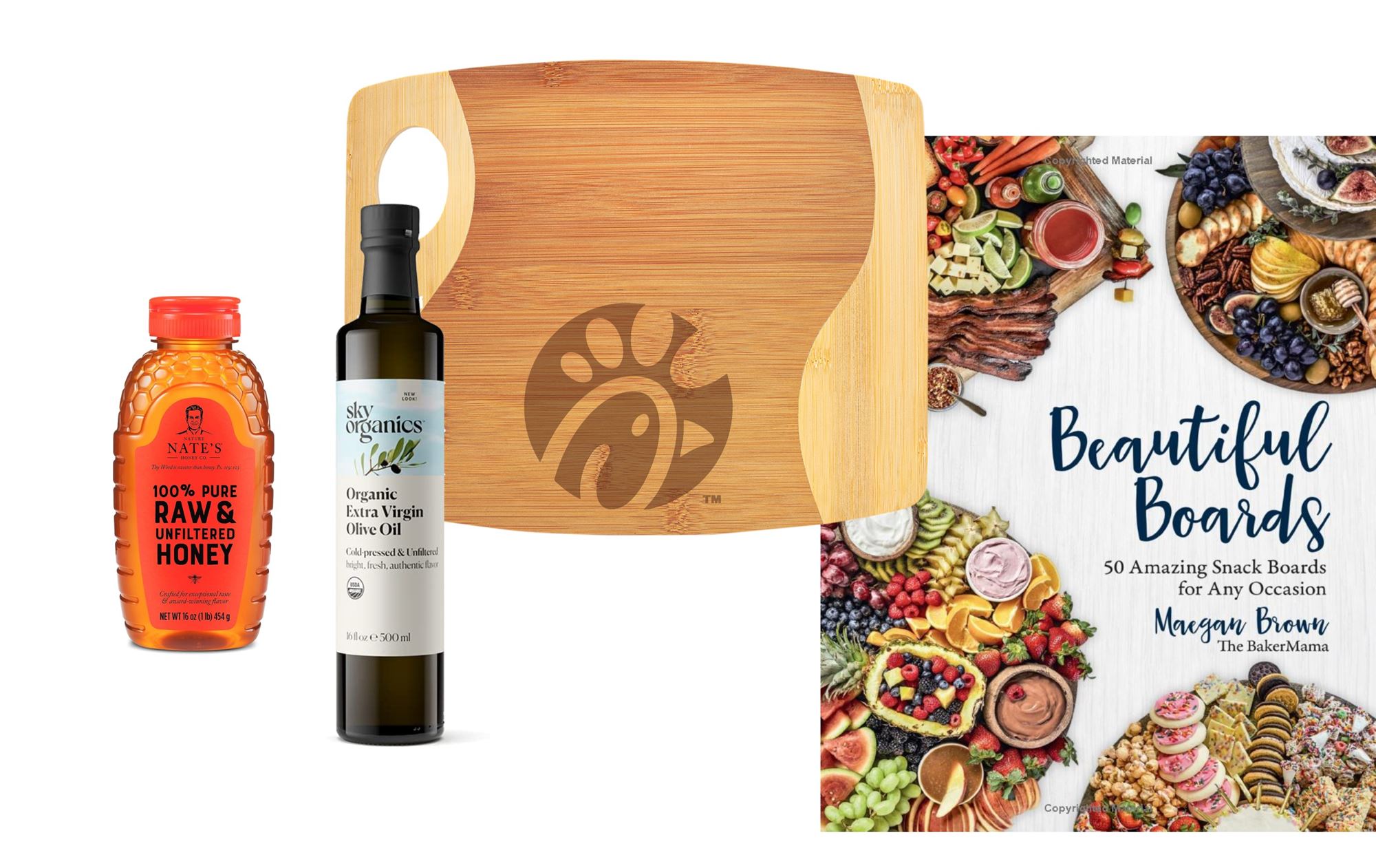 Beautiful Boards Set with Personalized Cutting Board, Book, Organic Olive Oil, Raw, Unfiltered Honey