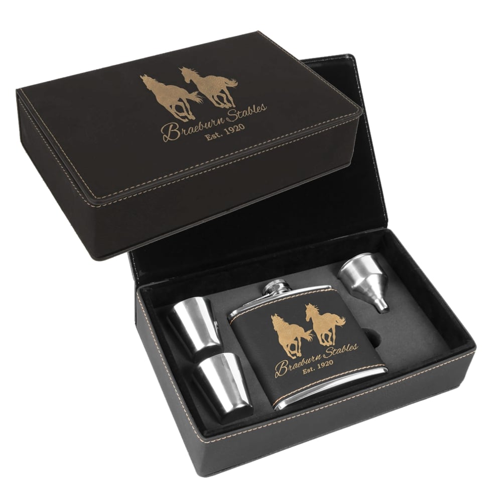 Personalized Engraved Flask Gift Set – 6oz Leatherette With 2 Shot Glasses & Funnel