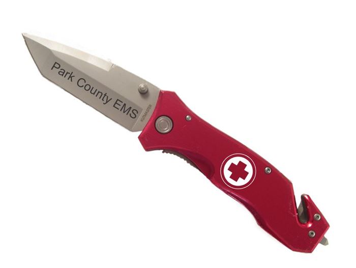 Engraved EMT Medic Rescue Pocket Knife, Blue or Red Handle Lazer Designs