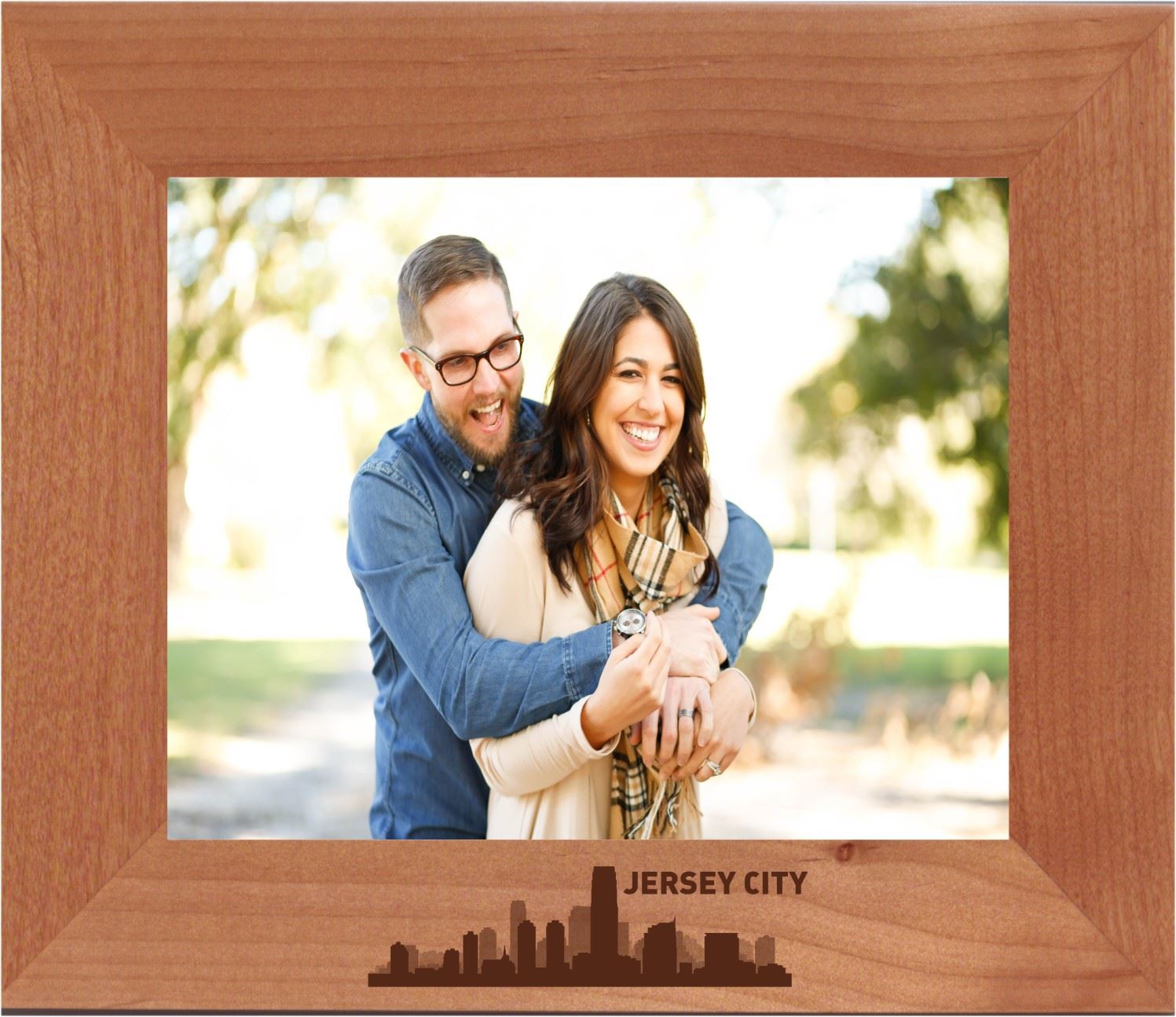 Jersey City, New Jersey City Skyline Engraved Wood Photo Frame