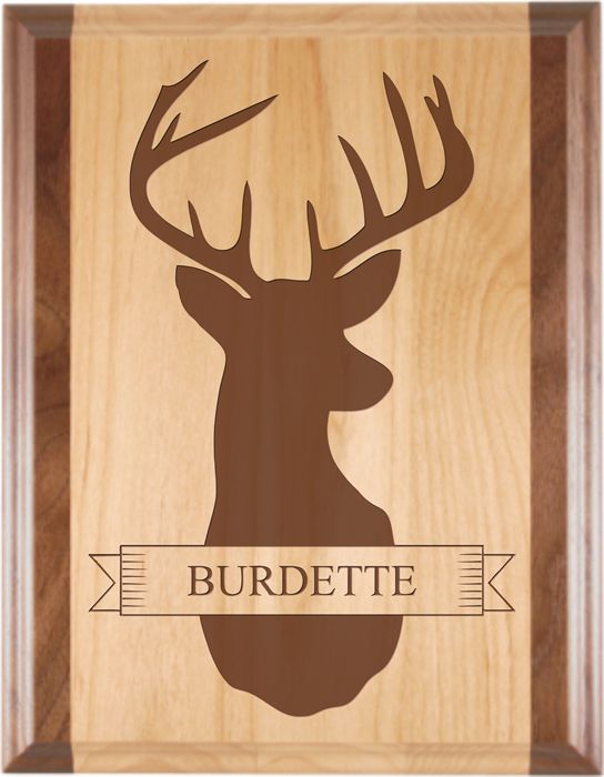 Engraved Deer Head Alder Plaque with Walnut Trim