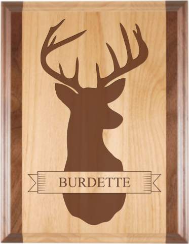 Engraved Deer Head Alder Plaque with Walnut Trim