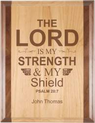 Engraved Strength & Shield Alder Plaque with Walnut Trim