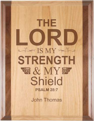 Engraved Strength & Shield Alder Plaque with Walnut Trim