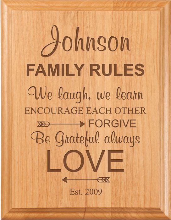 Engraved Family Rules Solid Alder Plaque