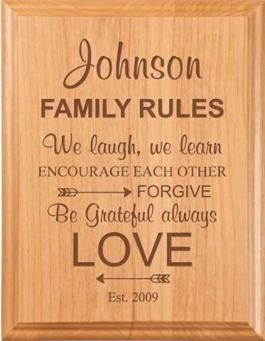 Engraved Family Rules Solid Alder Plaque