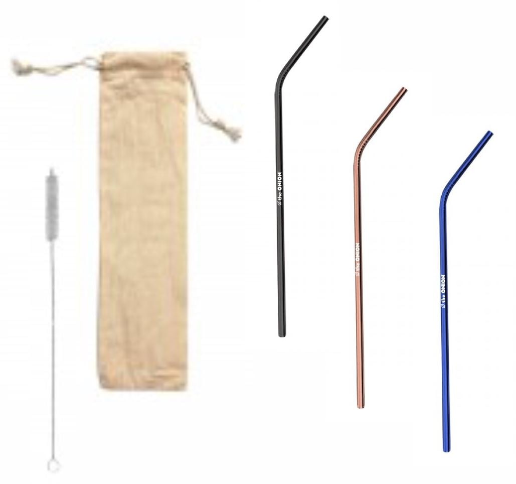 Stainless Steel Straw Set with 3 colored straws + brush 10 1/2"