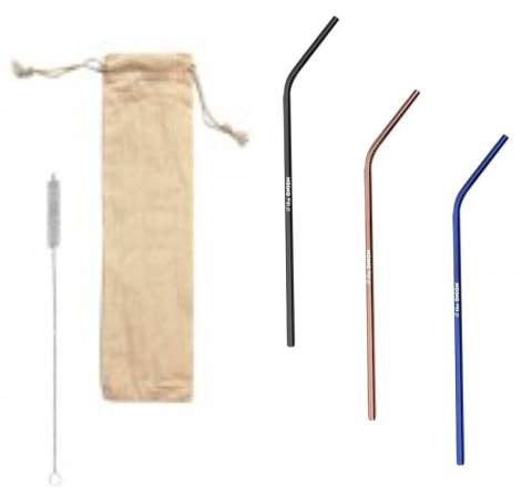 Stainless Steel Straw Set with 3 colored straws + brush 10 1/2"