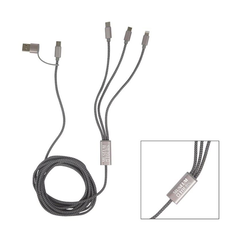 Personalized 9' RPET 5-in-1 Charging Cable, USB-A, 2x USB-C's, Micro USB, Lightning