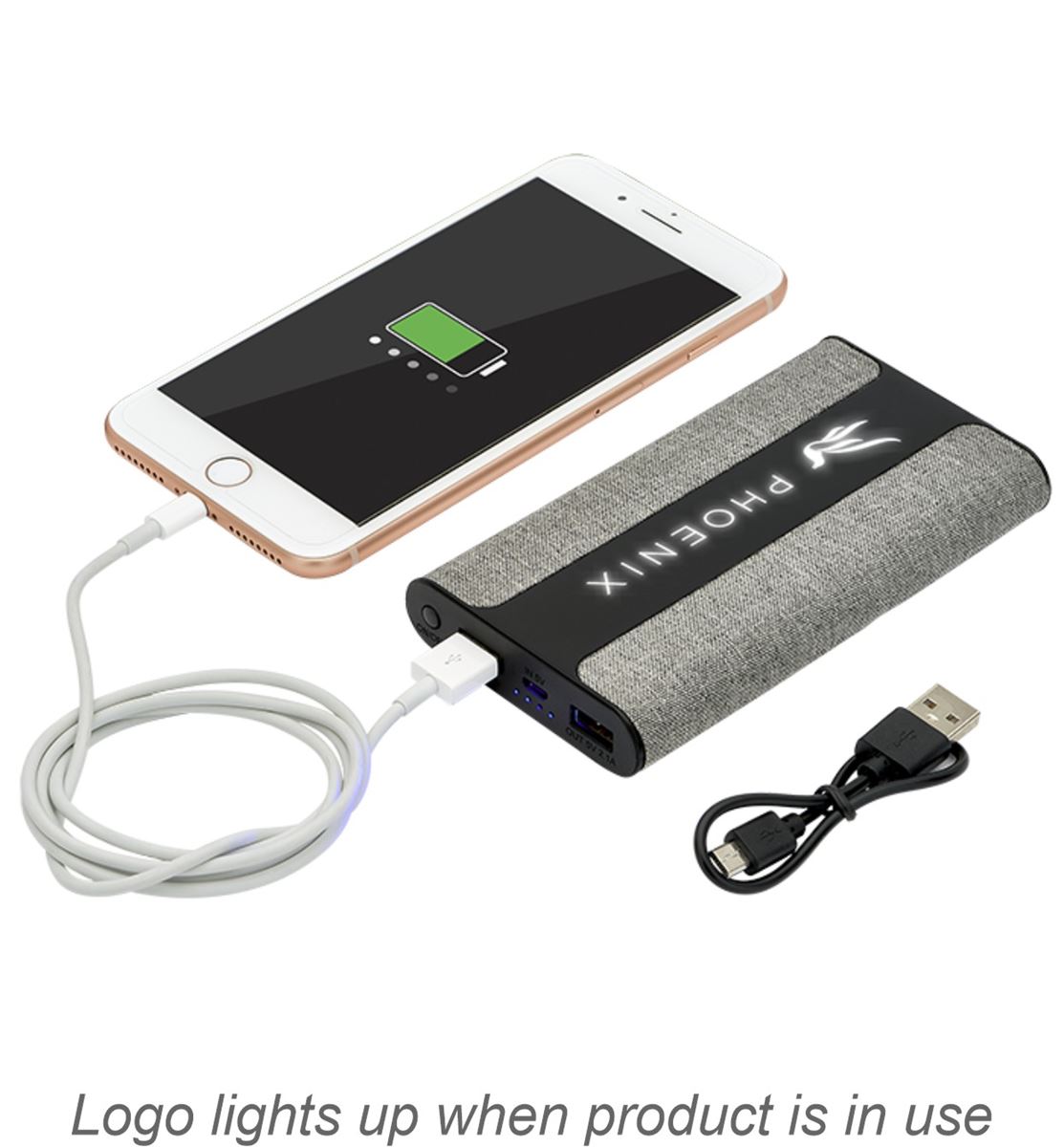 Tweed Power Bank, Glowing Engraving, UL Certified, 8000mAh
