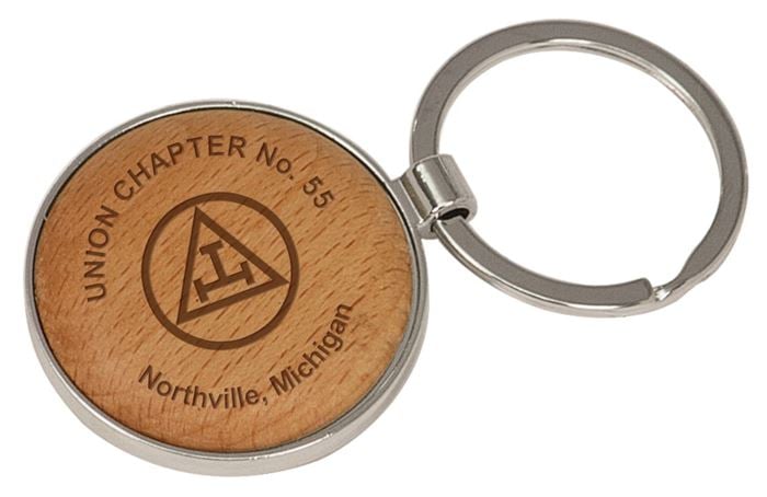 Engraved Round Circle Maple & Metal Key Chain