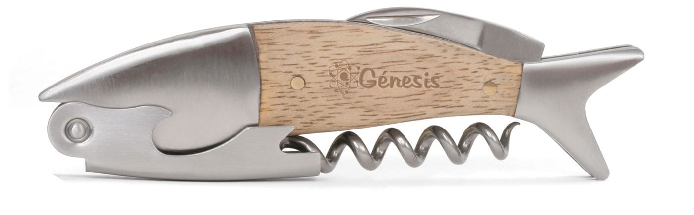 Engraved Fish Corkscrew, Wood Wine Opener