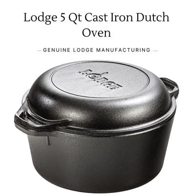 Lodge 5 Quart Cast Iron Double Dutch Oven with domed lid and side handles for stovetop and oven use.