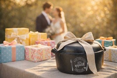 Decorative cast iron Dutch oven with ribbon as a wedding gift idea for kitchen and home registries.