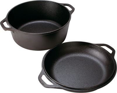 2-piece Lodge cast iron set showing the 5 quart pot and the convertible skillet lid with dual handles.