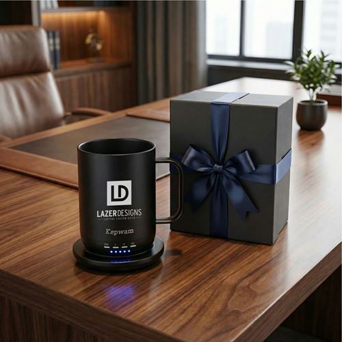 laser engraved smart mug on desk next to gift box