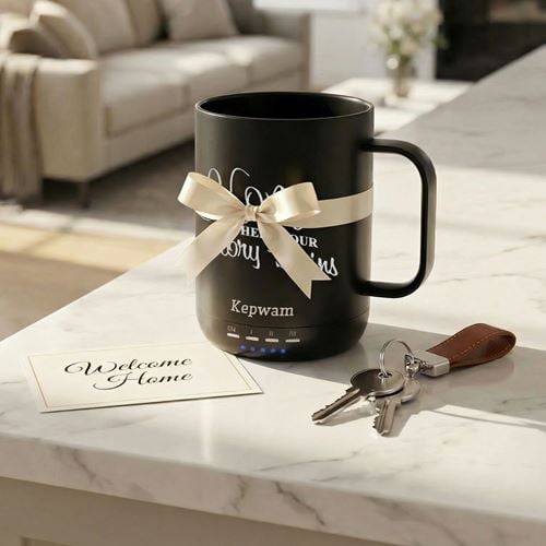 Laser engraved smart mug on counter with keys and a note that reads Welcome Home