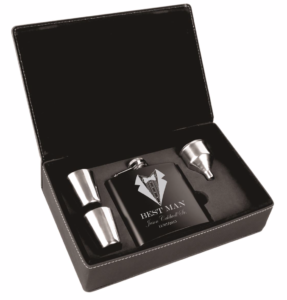 flask in box with two shotglass and funnel
