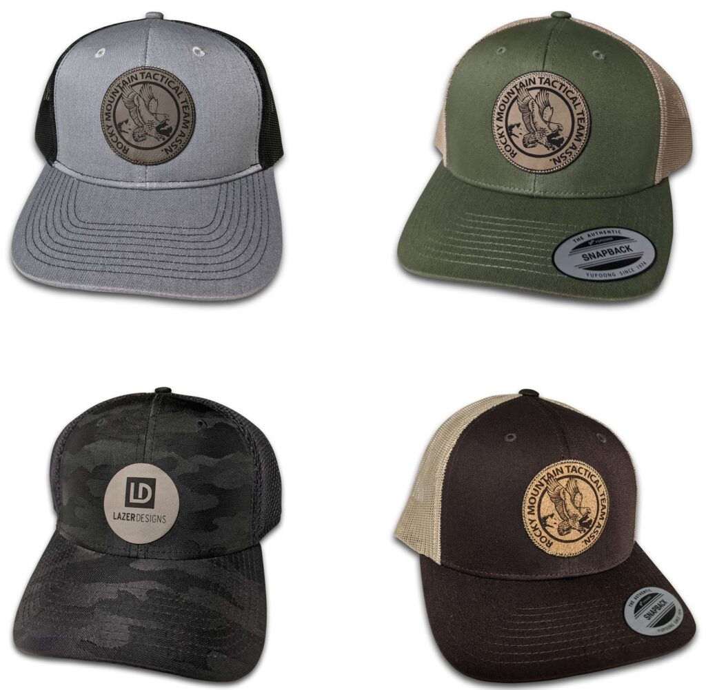 4 hats with circle patches