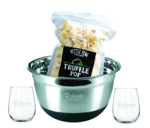 two stemless wine glass with popocorn bowl