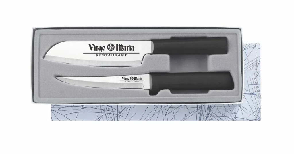 two engraved kitchen knives in box