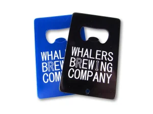 two bottle openers engraved with "Whalers Brewing Company"