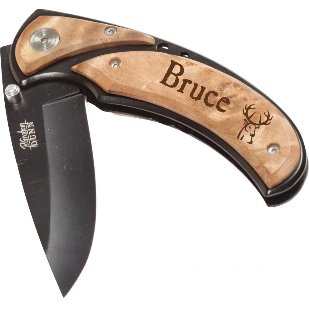 Wood handle pocket knife featuring laser engraving on white background