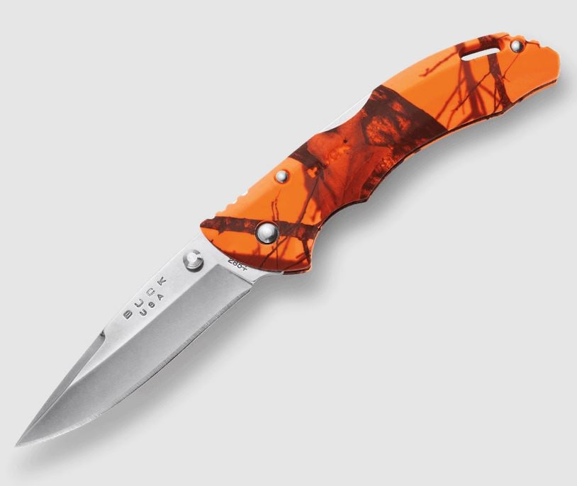 Buck bantam 285 blaze camo pocket knife on gray background